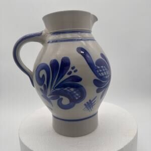 Vtg Handarbeit Salt Glaze German Water Jug Pitcher Art Pottery Gray Blue Cottage